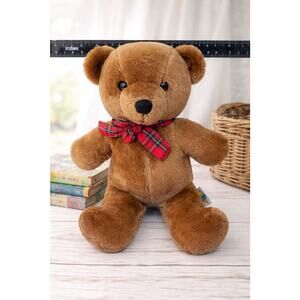 Vintage Dakin Teddy Bear Plush 1983 Brown Tartan Plaid Bow 18” Korea